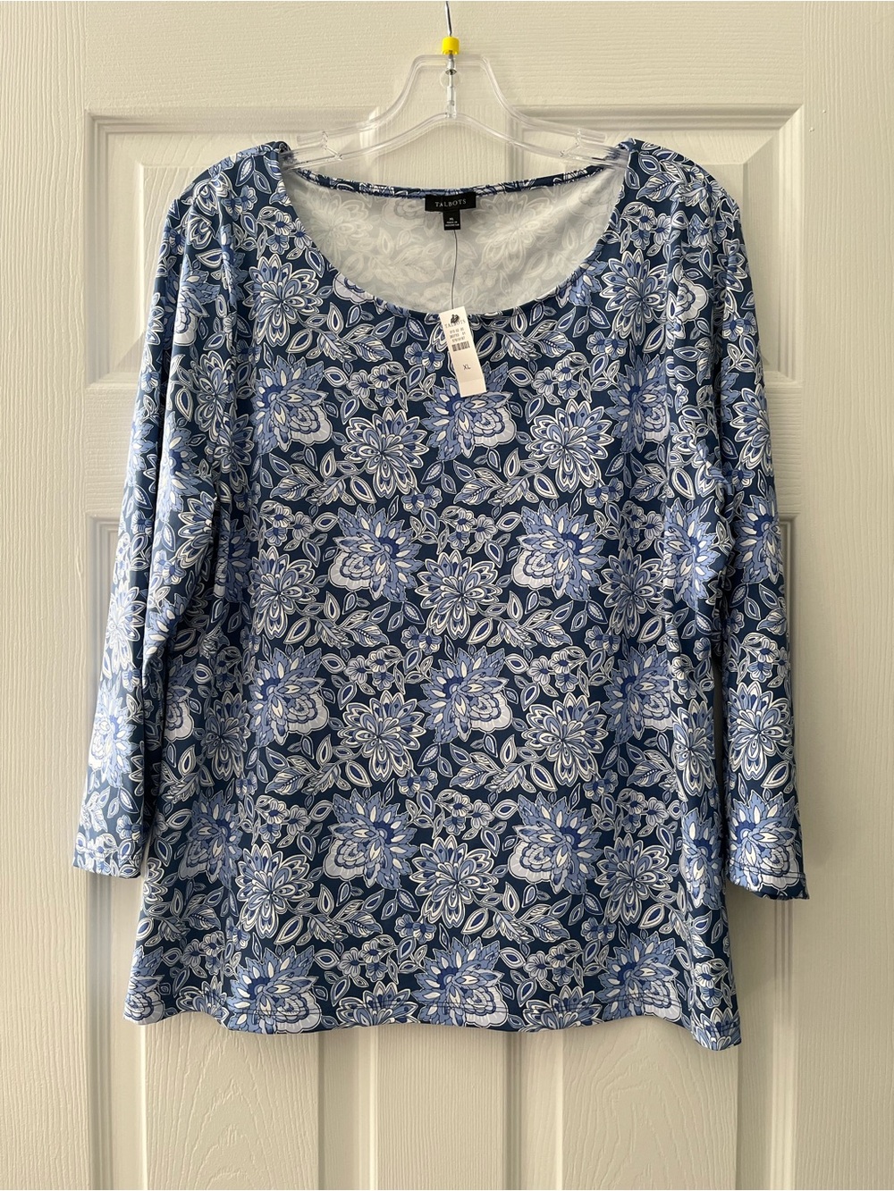 Talbots Navy and White Floral Scoop Neck Long Sleeve Top